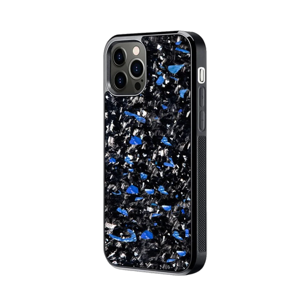 an iphone case with blue and black speckles