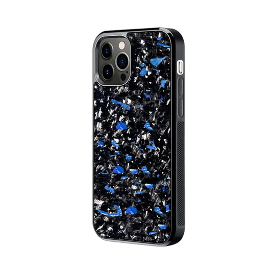 an iphone case with blue and black speckles