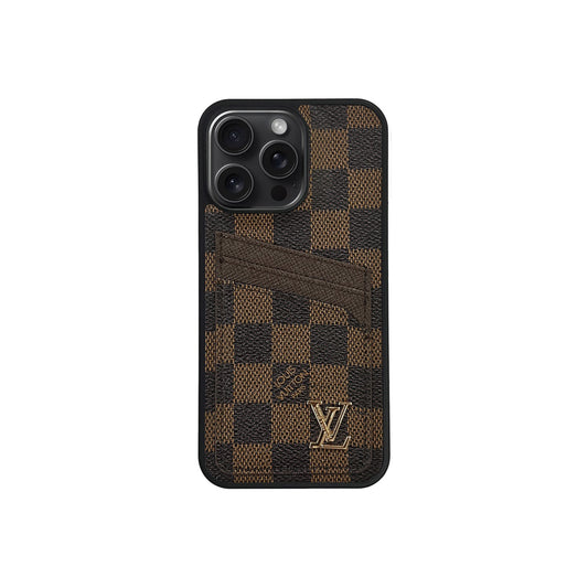 Checkered x Emblem Cardholder iPhone Case - Brown