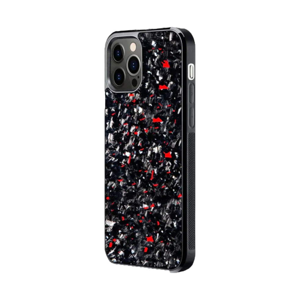 a black and red iphone case with red speckles
