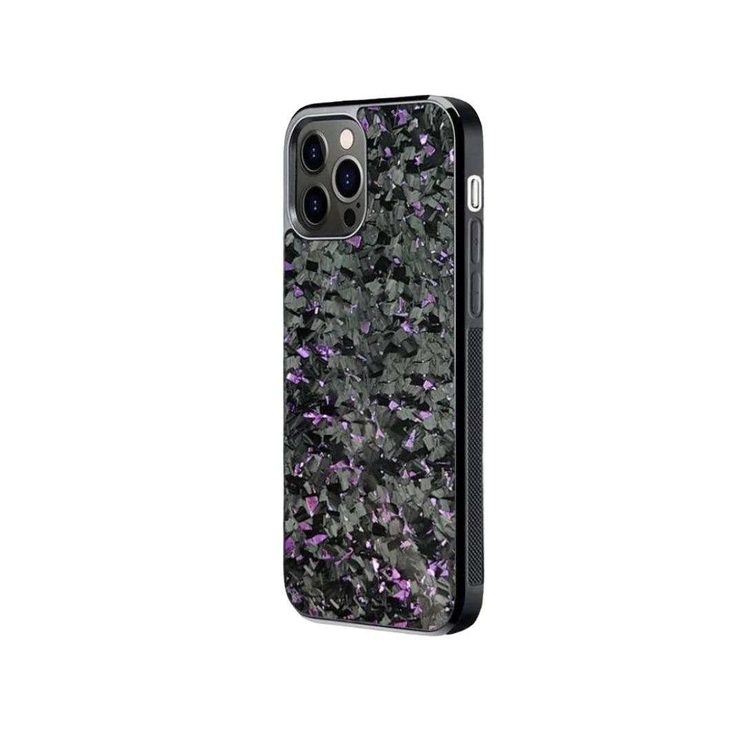 a black phone case with purple flowers on it