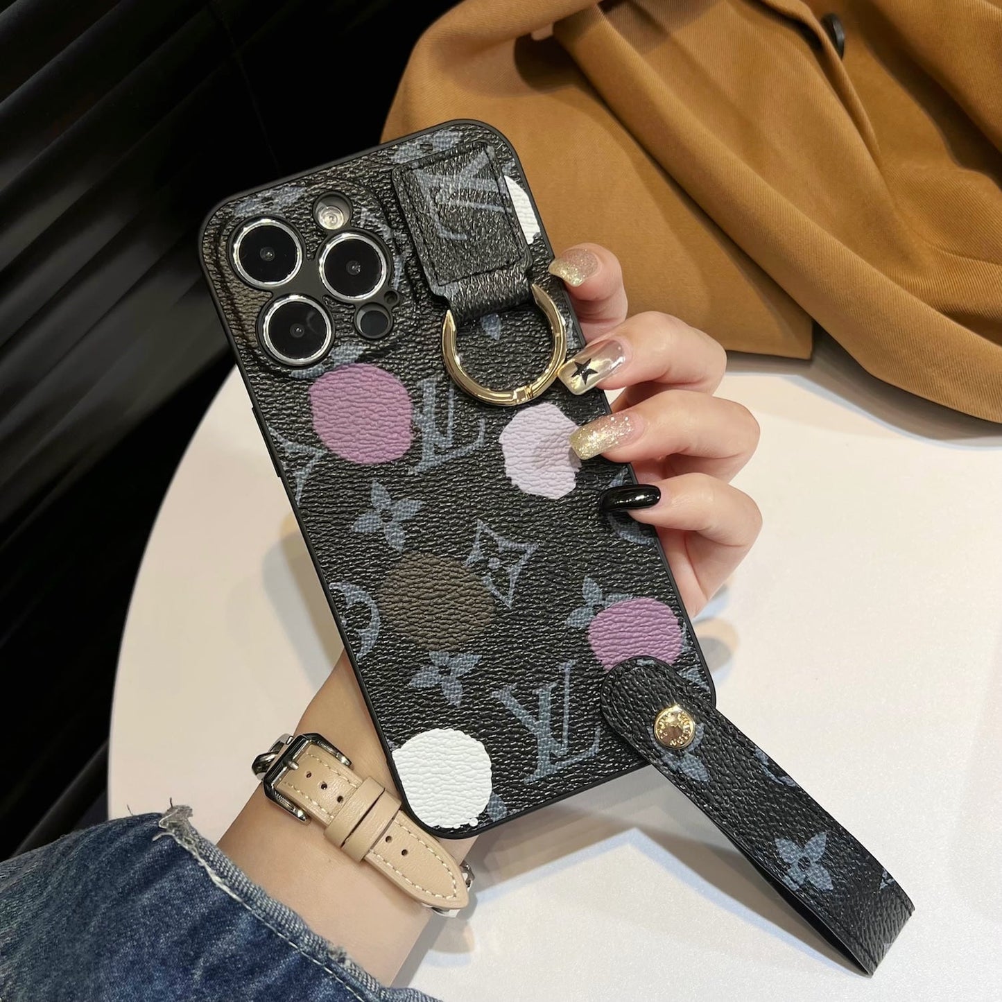 Dot Mono Ring Strap iPhone Case - Black/Pink